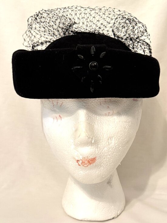 Vintage Ladies 1950s Black Hat Ritz Henry Pollak 100% Wool Beaded Veiling Retro main image 7